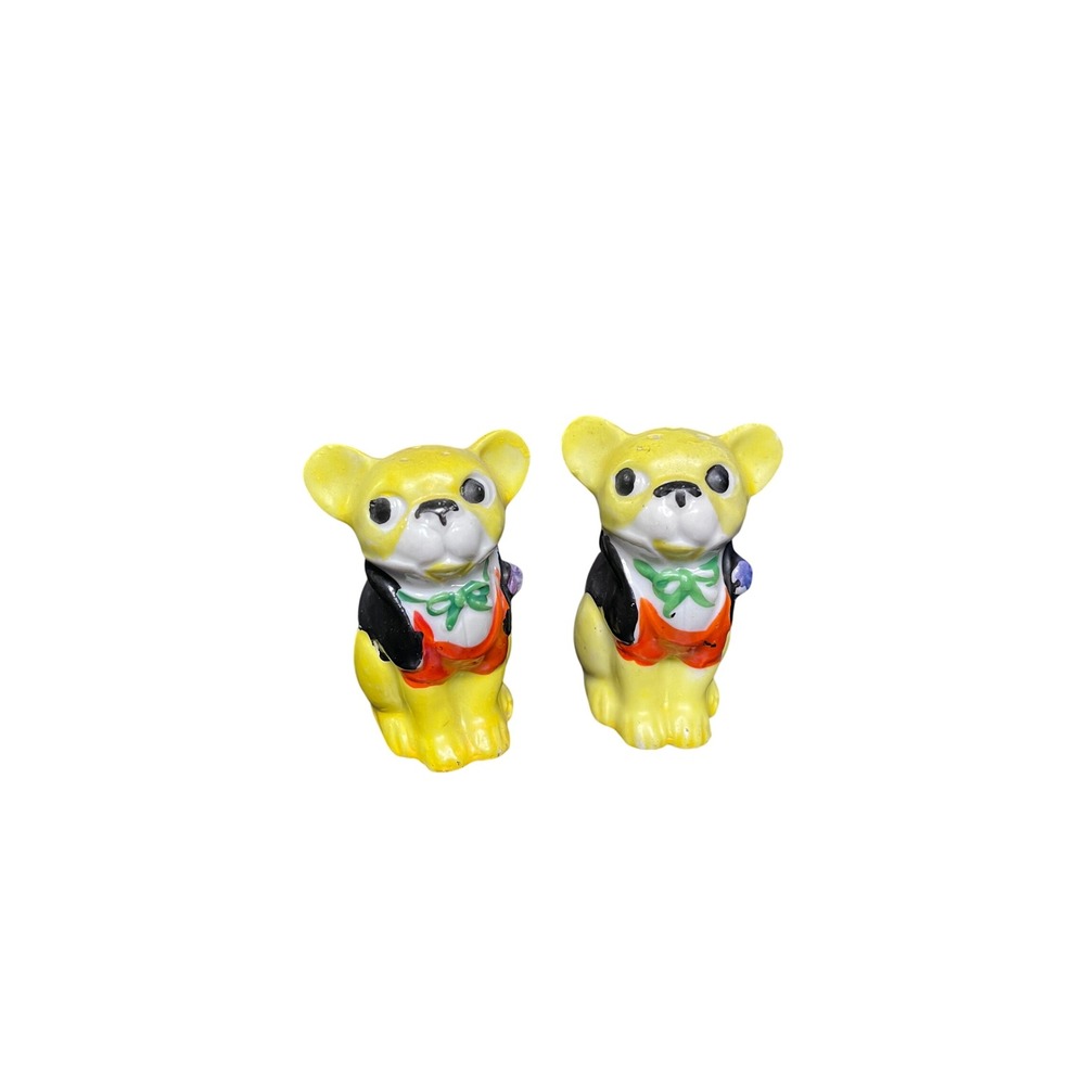 Vintage Yellow French Bulldog Salt Pepper Shakers Ceramic Dog Figurine‎ Kitchen